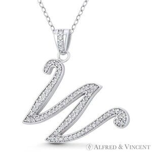 Initial Letter "W" Cursive Script CZ Crystal Pendant in .925 Sterling Silver